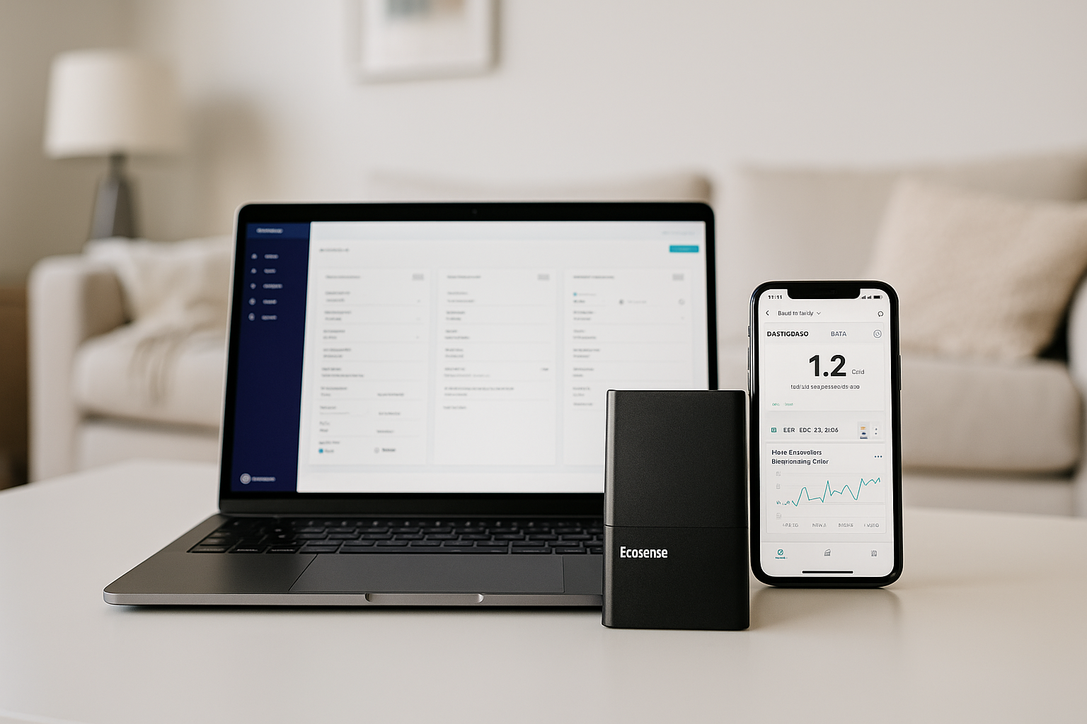 ecosense-monitoring-clean Ecosense radon monitor with laptop and phone dashboard in bright, modern living room