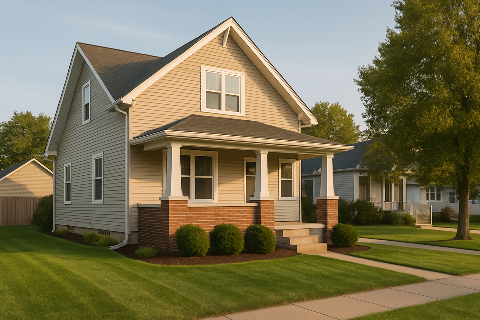 west-michigan-radon-mitigation-hero10 Charming Midwestern house with porch and white trim on a well-maintained lawn