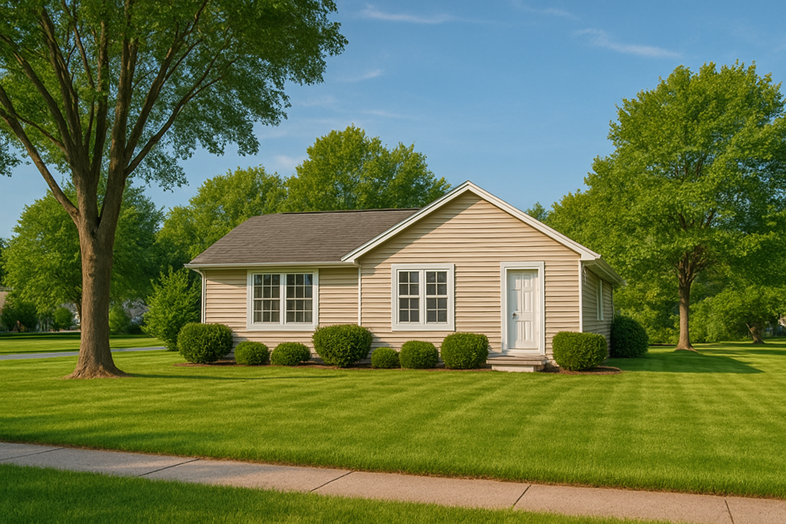 west-michigan-radon-mitigation-hero2 Front view of a suburban West Michigan home with manicured lawn, used for radon mitigation service pages