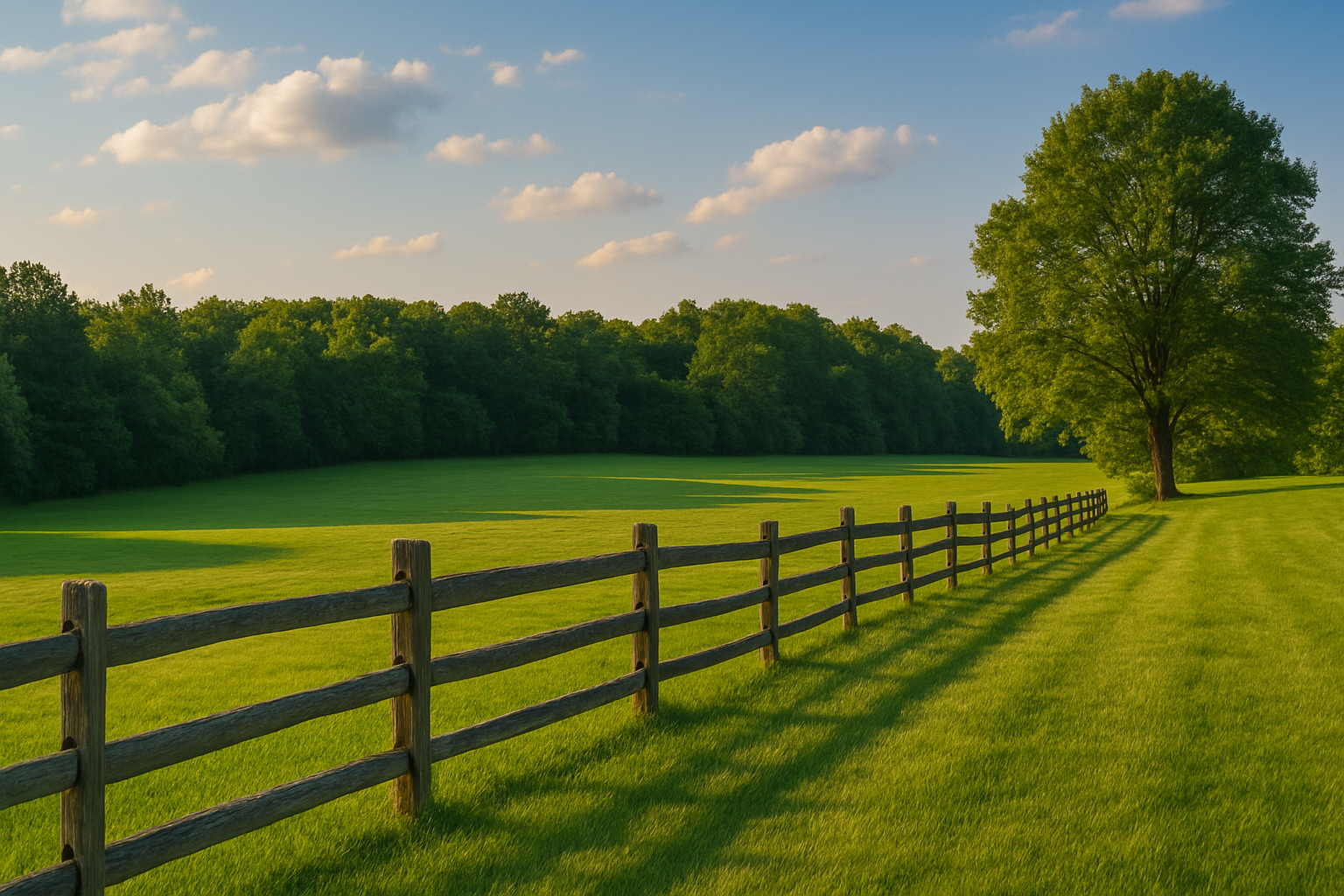 west-michigan-radon-mitigation-hero7 Grassy meadow with wooden fence and tree line on a sunny day