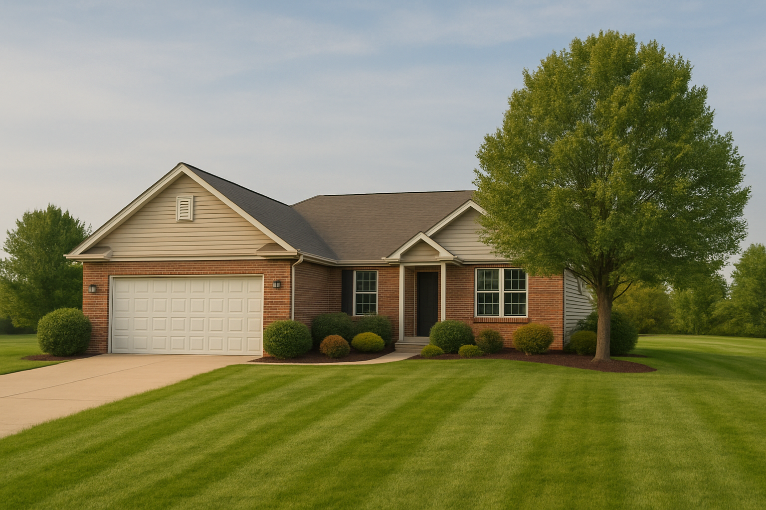 west-michigan-radon-mitigation-hero8 Neat front yard with beige siding home and trimmed hedges on a quiet residential street