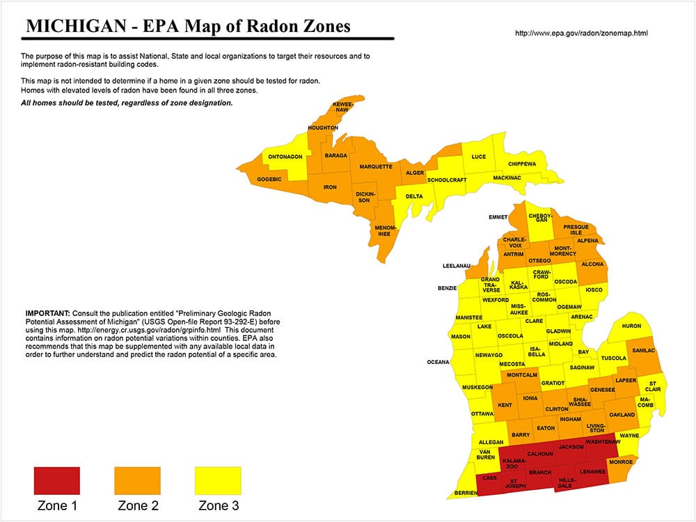 Map highlighting West Michigan counties with elevated radon risk