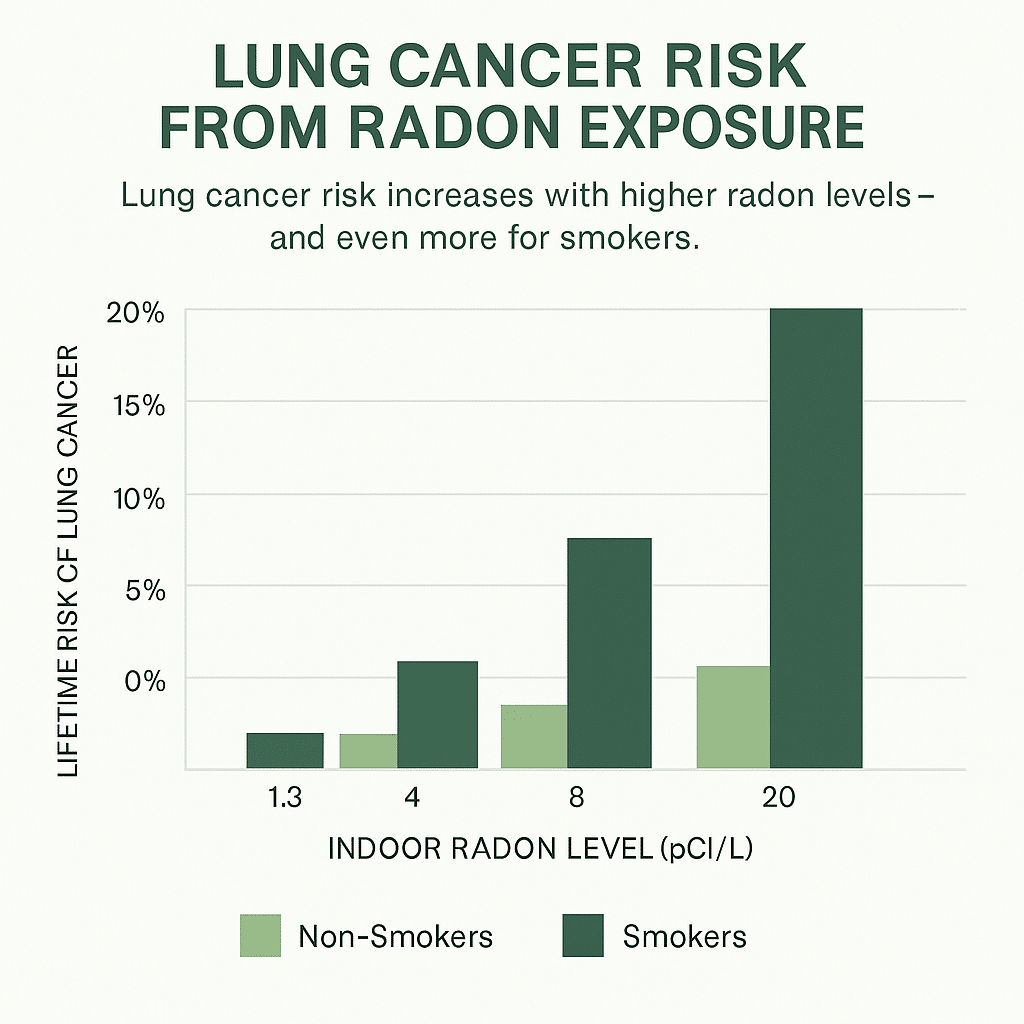 Chart showing lung cancer risk from radon exposure for smokers vs. non-smokers